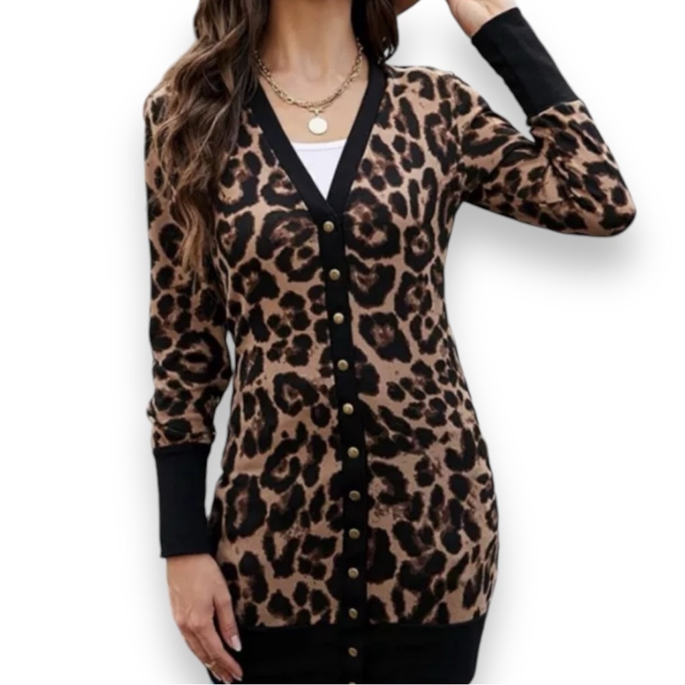 Hailife Size XL Animal Print Long Sleeve Snap Front Cardigan Sweater Coat - Picture 2 of 10